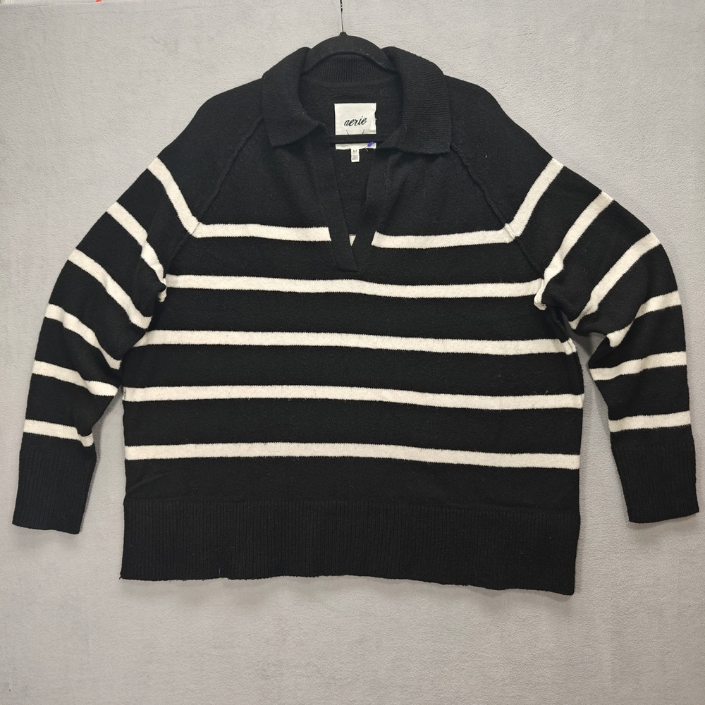 Aerie Striped Polo Sweater Women Small Oversized Preppy Academia Casual Cozy